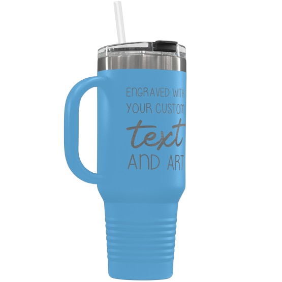 Custom 40 oz Light Blue Tumbler with Handle Engraved with Your Message and Art or Logo