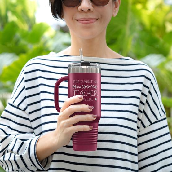 Custom Engraved 40 oz Maroon Tumbler with Handle Held by Teacher in Sunglasses