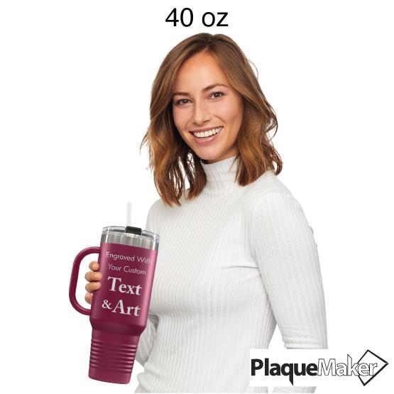 Custom Engraved 40 oz Maroon Tumbler with Handle Size Guide showing 40 oz size