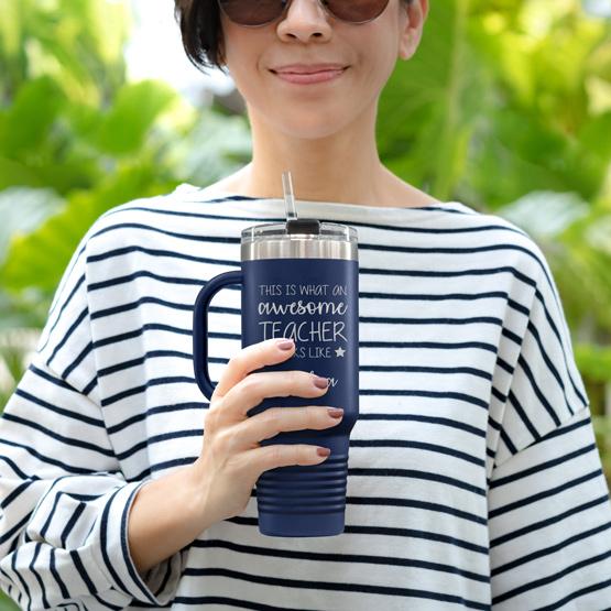 Custom Engraved 40 oz Navy Tumbler with Handle Held by Teacher in Sunglasses