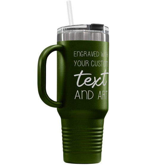 Custom 40 oz Olive Green Tumbler with Handle Engraved with Your Message and Art or Logo