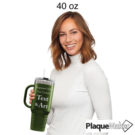 Custom Engraved 40 oz Olive Green Tumbler with Handle Size Guide showing 40 oz size