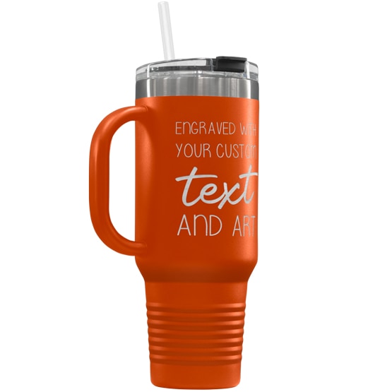 Custom 40 oz Orange Tumbler with Handle Engraved with Your Message and Art or Logo