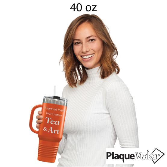 Custom Engraved 40 oz Orange Tumbler with Handle Size Guide showing 40 oz size