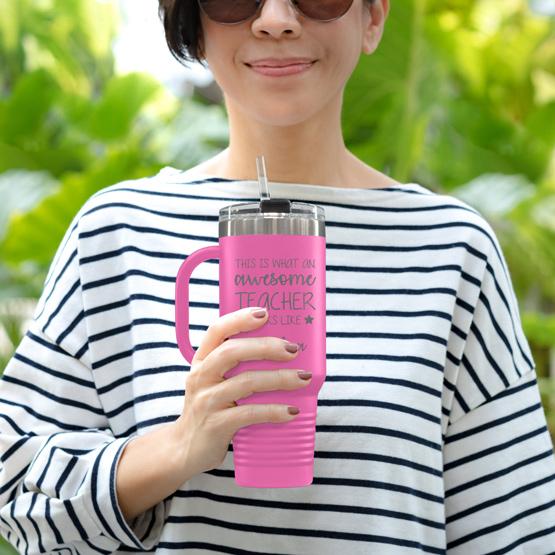 Custom Engraved 40 oz Pink Tumbler with Handle Held by Teacher in Sunglasses