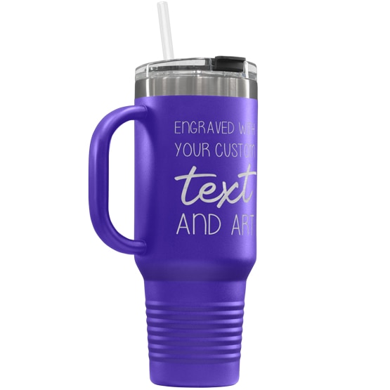 Custom 40 oz Purple Tumbler with Handle Engraved with Your Message and Art or Logo