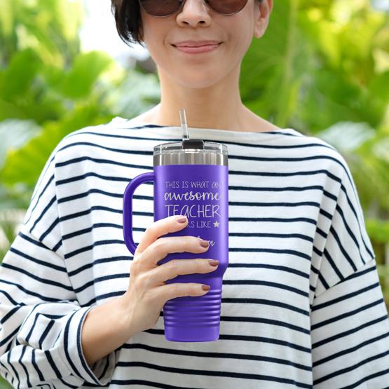 Custom Engraved 40 oz Purple Tumbler with Handle Held by Teacher in Sunglasses