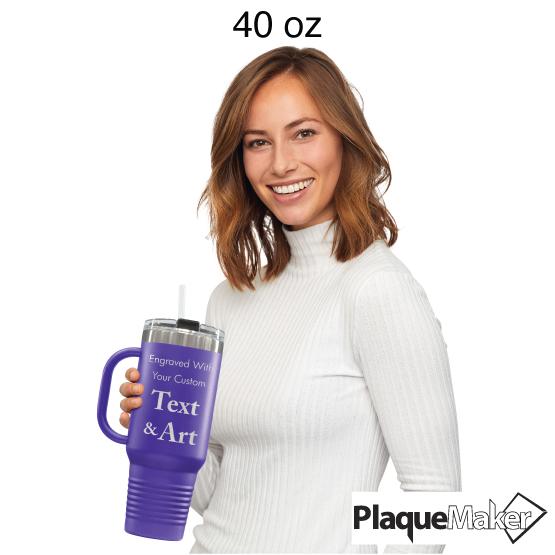 Custom Engraved 40 oz Purple Tumbler with Handle Size Guide showing 40 oz size