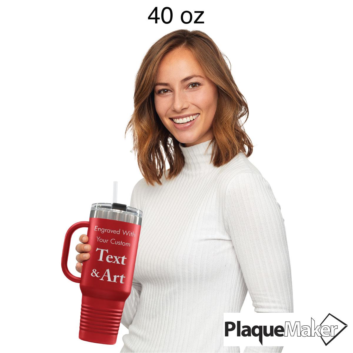 Custom Engraved 40 oz Red Tumbler with Handle Size Guide showing 40 oz size