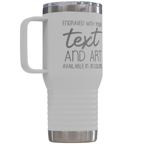 Custom 20 oz White Tumbler with Handle Engraved with Your Message and Art or Logo