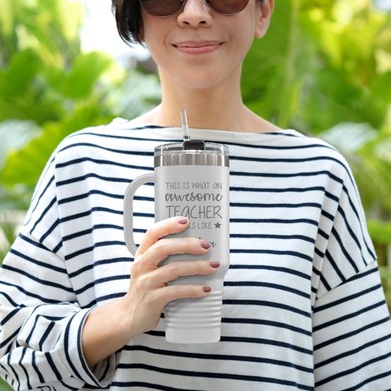 Custom Engraved 40 oz White Tumbler with Handle Held by Teacher in Sunglasses