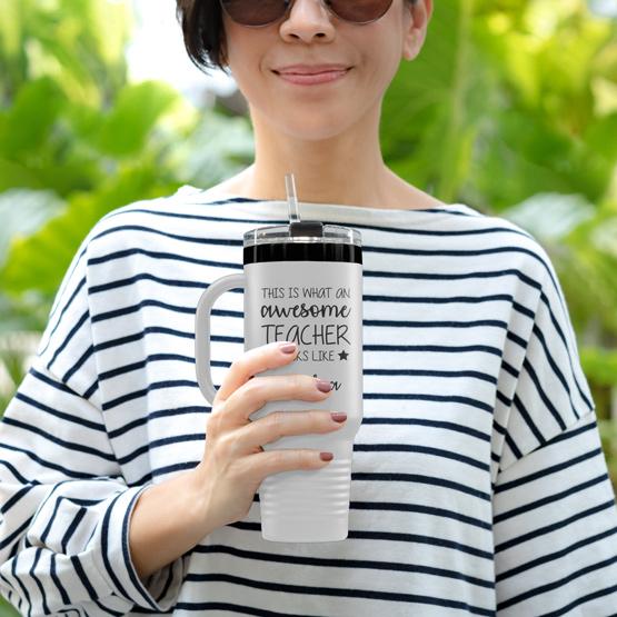 Custom Engraved 40 Oz White And Black Coffee Tumbler Held By Teacher
