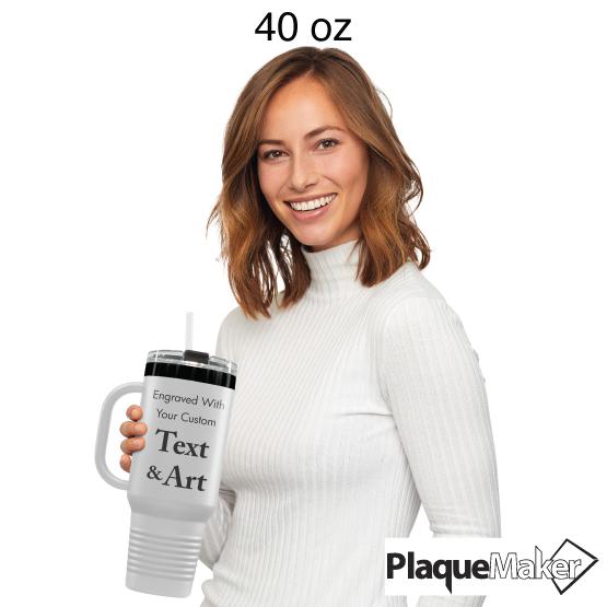 Woman Holding 40 Oz White And Black Coffee Tumbler To Demonstrate Size