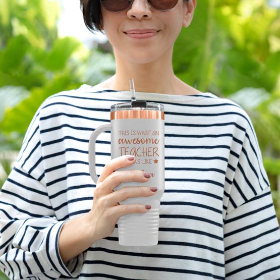 Custom Engraved 40 Oz White and Gold Tumbler Held By Woman