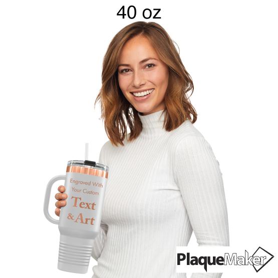 Woman Holding 40 Oz White And Gold Coffee Tumbler To Show Size