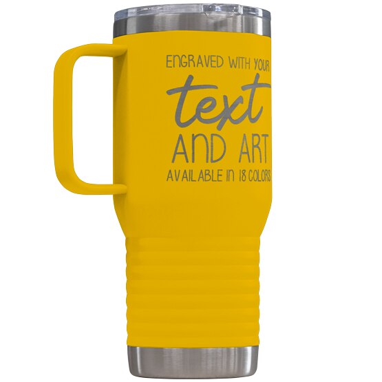 Custom Engraved 20 oz Yellow Coffee Tumbler with Handle and Your Message and Art or Logo