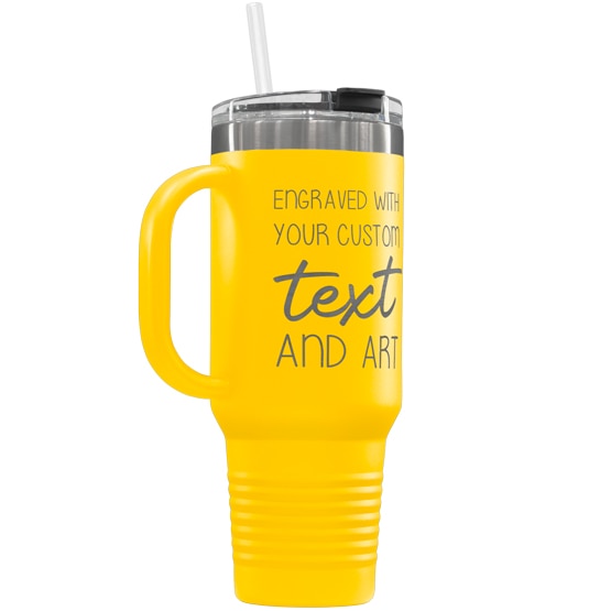 Custom 40 oz Yellow Tumbler with Handle Engraved with Your Message and Art or Logo