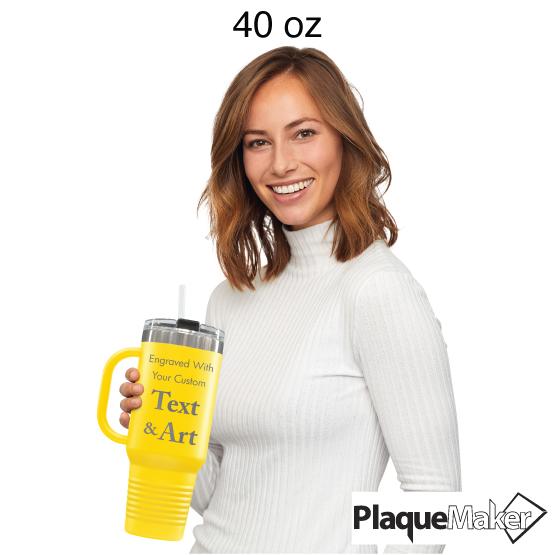 Custom Engraved 40 oz Yellow Tumbler with Handle Size Guide showing 40 oz size