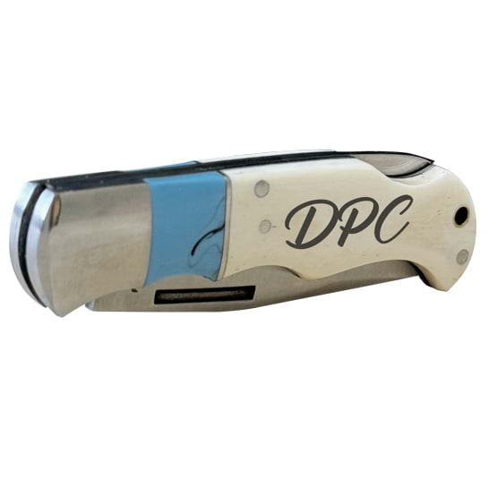 Stainless Steel Folding Knife With Turquoise Blue Resin And Bone Handle Featuring Custom Text