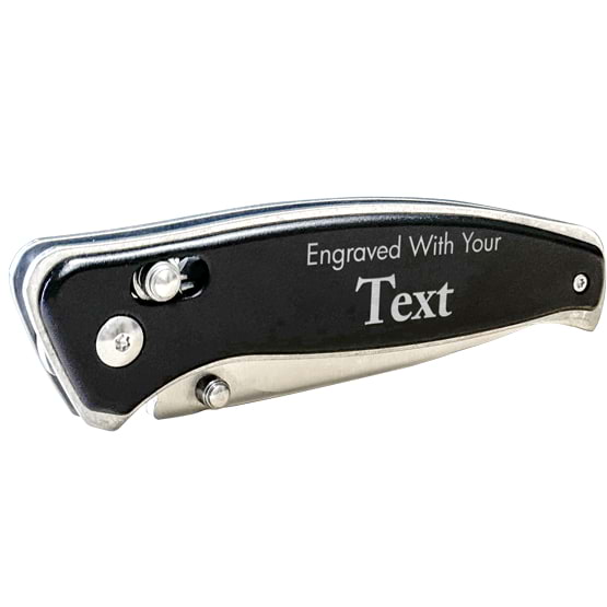Black Stainless Steel Folding Knife With Button Lock Feature And Clip And Custom Text Showing Customizable Engraving Area