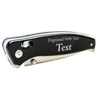 Black Stainless Steel Folding Knife With Button Lock Feature And Clip And Custom Text Showing Customizable Engraving Area