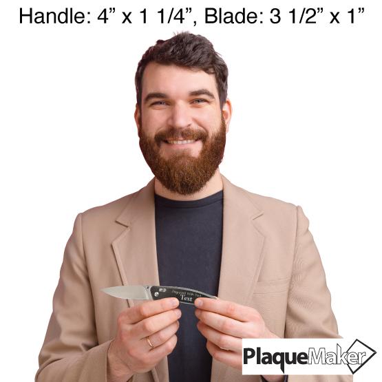 Size Guide With Smiling Bearded Man Holding Black Button Lock Folding Knife With Customization Area And Knife Extended