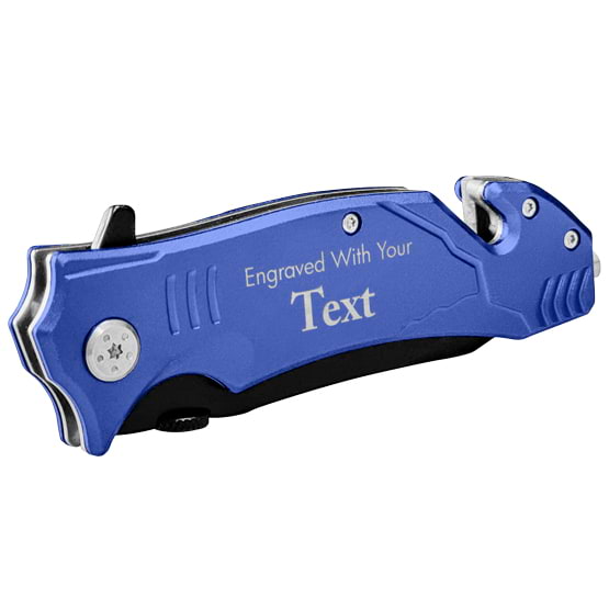 Custom Blue Rescue Knife With Seatbelt Cutter And Glass Breaker And Text Displaying Space For Engraving