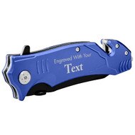 Custom Blue Rescue Knife With Seatbelt Cutter And Glass Breaker And Text Displaying Space For Engraving
