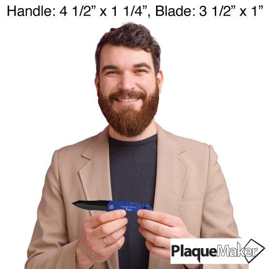 Size Guide With Smiling Man In Tan Suit Holding Up Blue Stainless Steel Rescue Knife Showing Customization Area