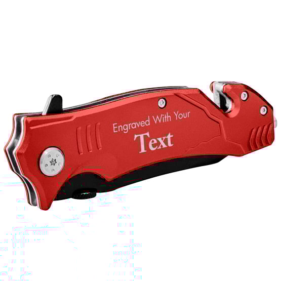 Custom Red Stainless Steel Rescue Knife With Seatbelt Cutter And Glass Breaker And Text Showing Engraving Space