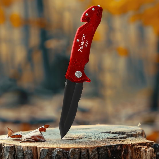 Red Rescue Knife With Custom Year And Rebecca Name Text And Sticking Out Of Tree Trunk In Woods