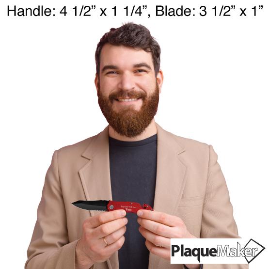 Size Guide With Bearded Man In Tan Suit Holding Red Stainless Steel Rescue Knife And Showing Customization Area