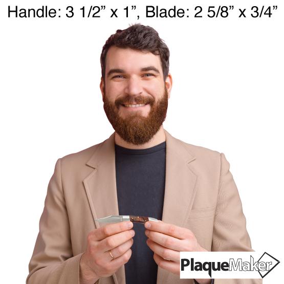 Size Guide With Smiling Man Holding Up Wood Folding Knife With Customization Area By Its Handle