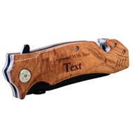 Padauk Wood Rescue Knife With Stainless Steel And Seatbelt Cutter And Text Showing Space For Custom Engraving