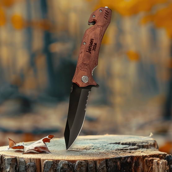Padauk Wood And Stainless Steel Rescue Knife Sticking Out Of Tree Trunk And Featuring Custom Name And Year Text