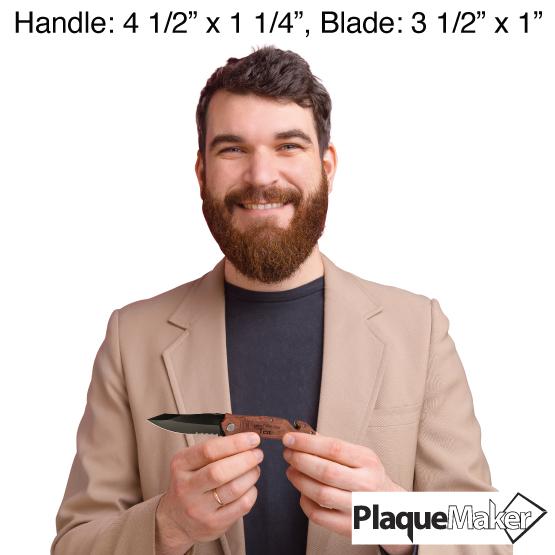 Size Guide With Man In Tan Suit Holding Up Wood Stainless Steel Rescue Knife With Area For Customization