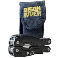 Folded Black Multi Tool Featuring Custom Acronym Text In Front Of Corresponding Closed Nylon Sheath