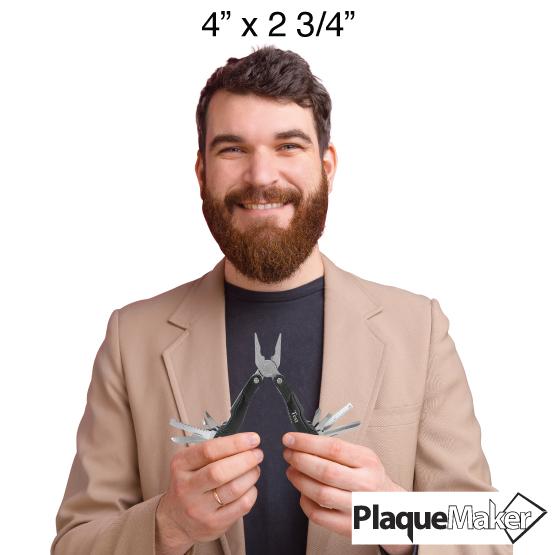 Size Guide With Man In Tan Suit Holding Custom Black Multi Tool With Customization Area And Handle And Tools Spread Out