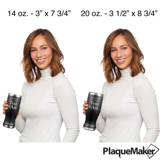 Custom Engraved Black Beer Pilsner Tumblers Size Guide showing a woman holding both the 14 and 20 oz sizes