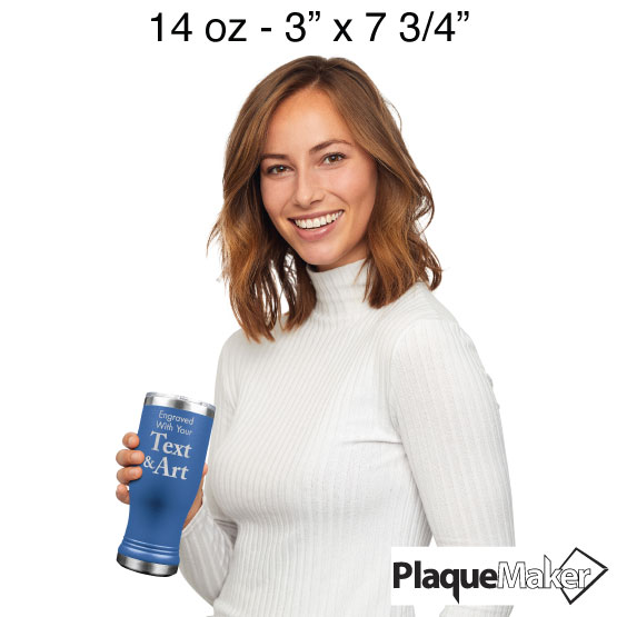 Custom Engraved Blue Beer Pilsner Tumblers Size Guide showing a woman holding both the 14 and 20 oz sizes