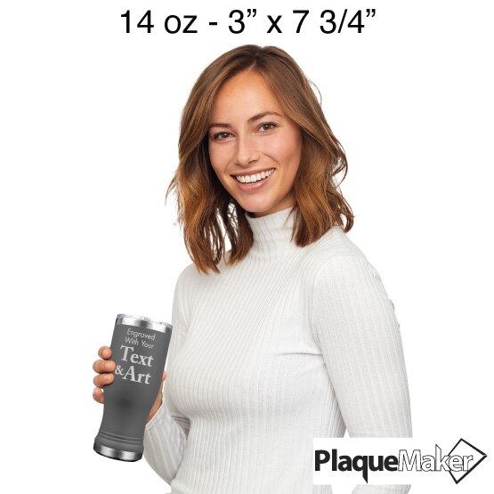 Custom Engraved Gray Beer Pilsner Tumblers Size Guide showing a woman holding both the 14 and 20 oz sizes