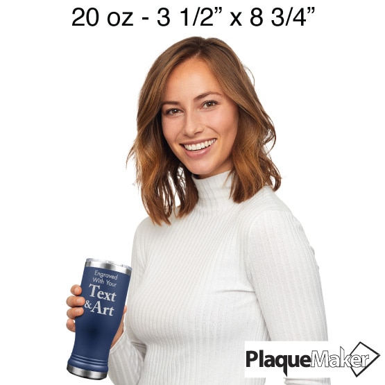 Custom Engraved Navy Beer Pilsner Tumblers Size Guide showing a woman holding the 20 oz size