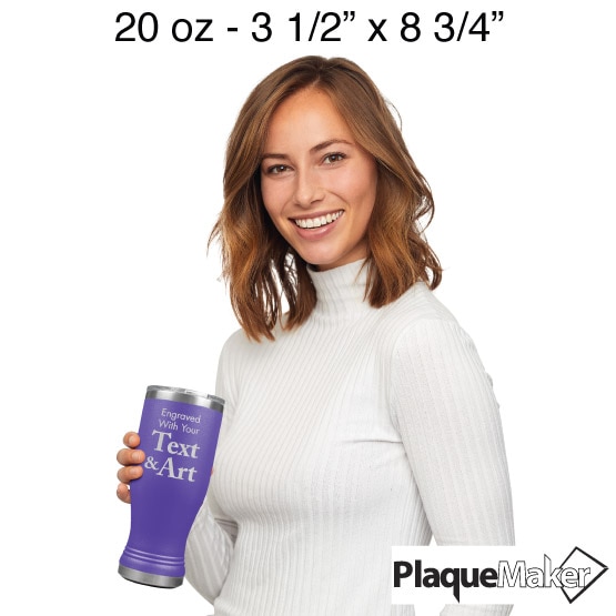 Custom Engraved Purple Beer Pilsner Tumblers Size Guide showing a woman holding the 20 oz size
