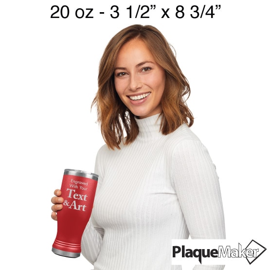 Custom Engraved Red Beer Pilsner Tumblers Size Guide showing a woman holding both the 14 and 20 oz sizes