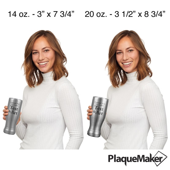 Custom Engraved Silver Beer Pilsner Tumblers Size Guide showing a woman holding both the 14 and 20 oz sizes