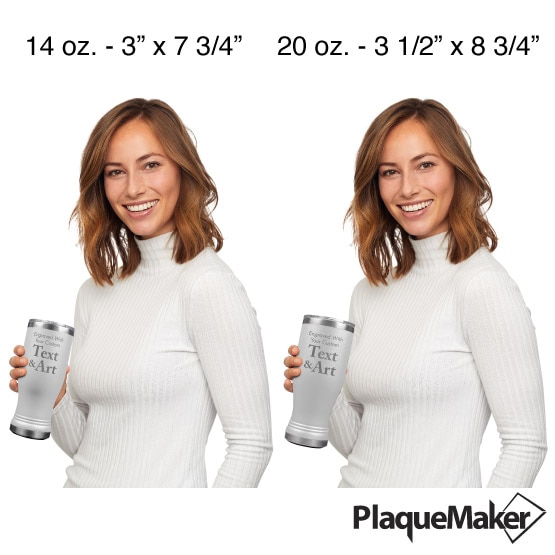 Custom Engraved White Beer Pilsner Tumblers Size Guide showing a woman holding both the 14 and 20 oz sizes