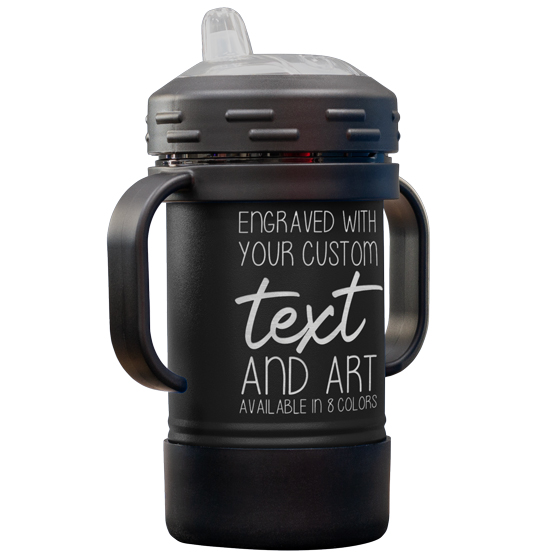 Custom Engraved 10 oz Black Sippy Cup with Handles and Your Message and Art or Logo