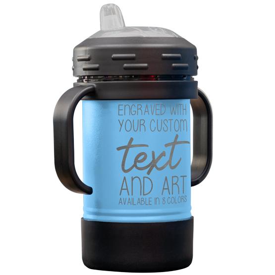 Custom Engraved 10 oz Light blue Sippy Cup with Handles and Your Message and Art or Logo