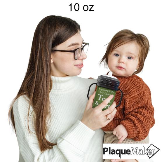 Custom Engraved 10 oz Olive Green Sippy Cup Size Guide showing a woman holding a toddler and the 10 oz size