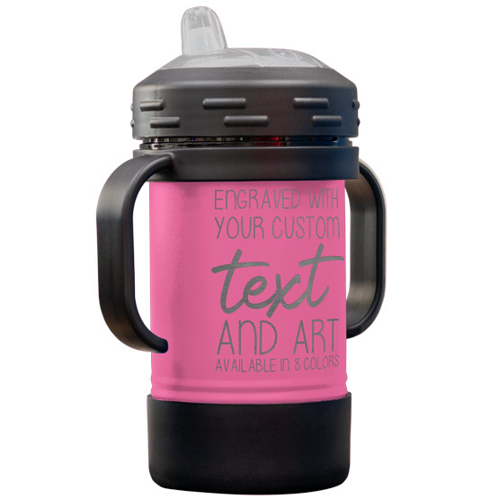 Custom Engraved 10 oz Pink Sippy Cup with Handles and Your Message and Art or Logo